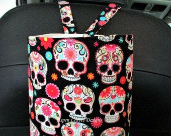 Skull Trash bag - Decorated skulls  -  10x8x5  -Skulls on black - Handmade