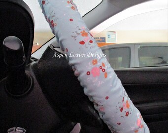 Floral steering wheel cover, Tiny pink and red flowers on light green fabric,