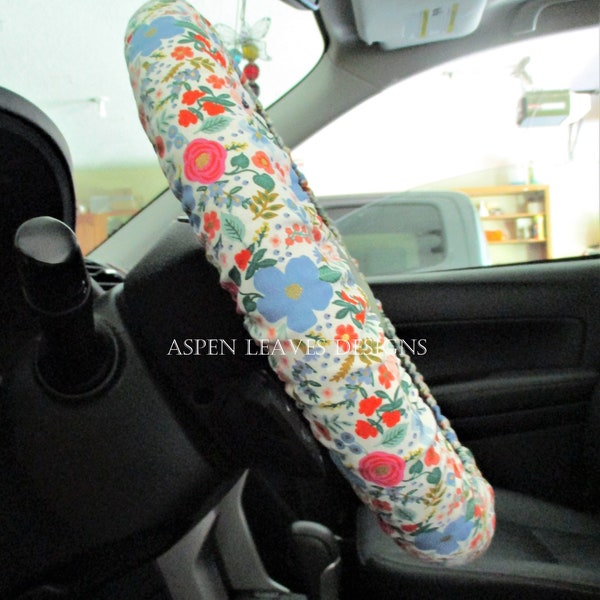 Wild Rose Metallic steering wheel cover- Full grip fabric inside  - Flowers on cream fabric