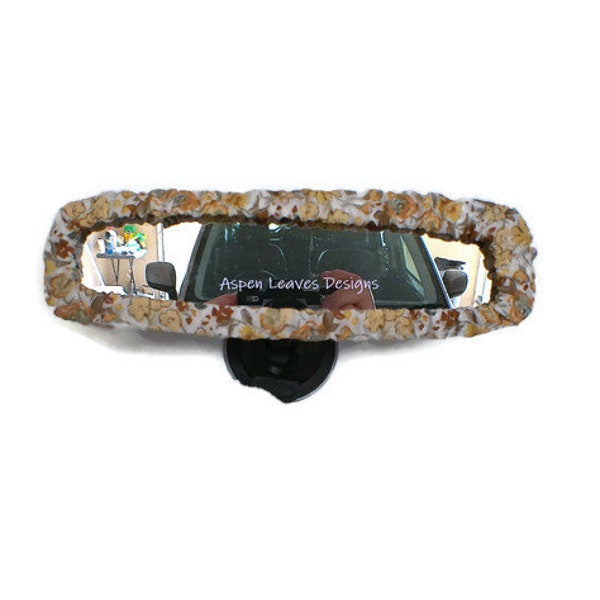 Beige floral rear view mirror cover - Small  tan flowers on white fabric - Panoramic sizes available