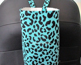 Teal cheetah trash bag - Snap closure - Black leopard spots on teal fabric -  10x8x5 - Handmade