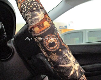 Astrology steering wheel cover -full grip fabric inside -  Sun and moon Celestial Gold and black Handmade