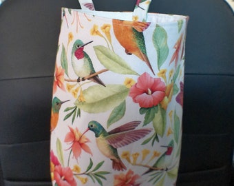 Hummingbird trash bag - Snap closure - Tropical flowers and hummingbirds -Soft litter bag - 10x8x5 -Handmade