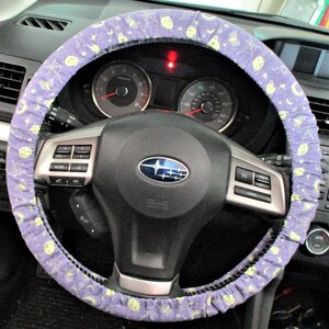 Mystical Halloween steering wheel cover Full grip fabric inside Coffins /moons / spider webs / eyeballs and skulls on purple image 4