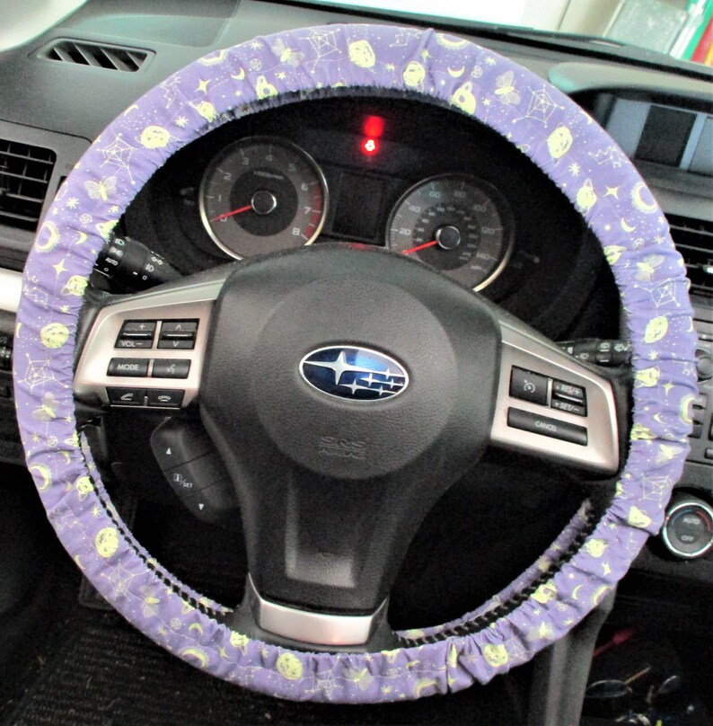 Mystical Halloween steering wheel cover Full grip fabric inside Coffins /moons / spider webs / eyeballs and skulls on purple image 4