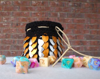 Scale mail  dice bag -Medium Size - Orange and Silver scales Black yarn