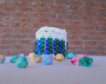 Blue scale dice bag - Medium Size - Purple and green scales White yarn