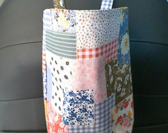 Blue patchwork trash bag  - soft litter bag - Boho flowers and stripes in pastel colors - Handmade