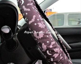 Metallic bats steering wheel cover, Gray bats and silver metallic moons on black fabric, Spooky all year