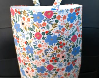 Wild rose metallic trash bag - Snap closure   -Soft litter bag - 10x8x5  -Pink yellow Green floral on Cream fabric