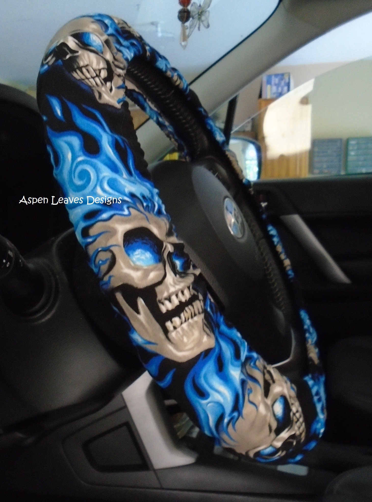 Blue flaming skulls steering wheel cover. Fully lined skull Etsy