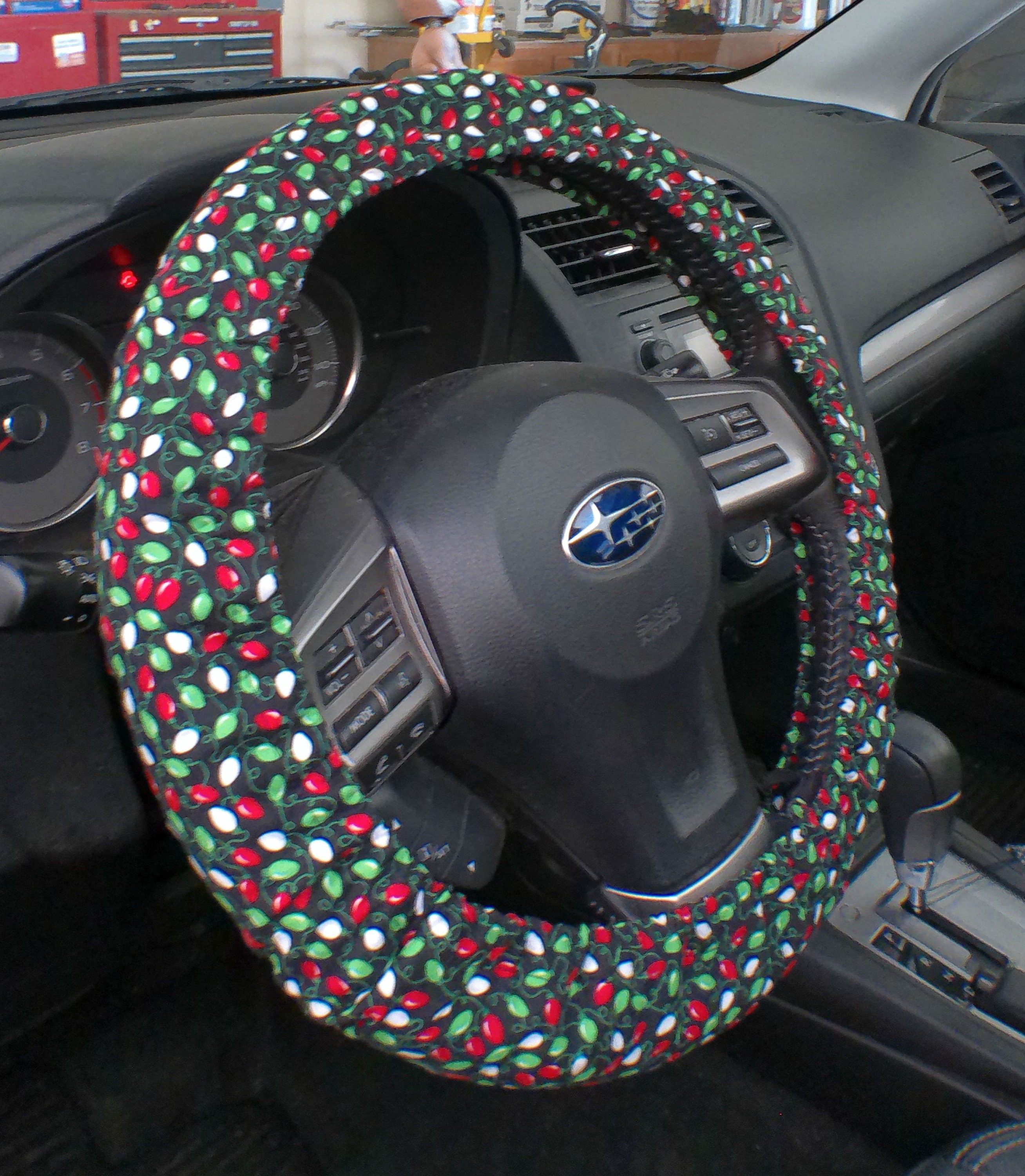 Christmas Lights Steering Wheel Cover Full Grip Fabric Inside Red Green and  White Lights on Black Fabric Handmade 