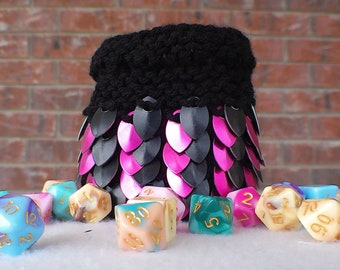 Scale mail dice bag - Medium Size - Pink and black scales Black yarn