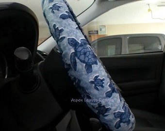 Sea turtle steering wheel cover -Full grip fabric inside - Blue turtles on medium blue fabric - Handmade