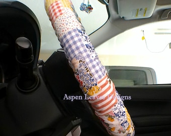 Blue patchwork steering wheel cover -  Full grip fabric inside  - Boho Plaid and floral car accessory -  Handmade