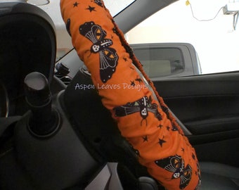 Moon Moth steering wheel cover -Full grip fabric inside  - Large black moths on orange fabric - Skeleton insect - Handmade