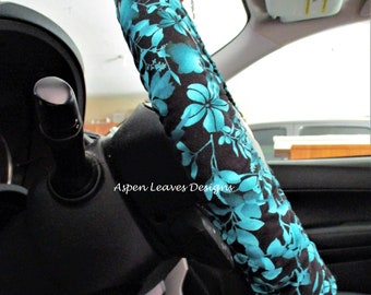 Teal green floral steering wheel cover - Full grip fabric inside - Teal flowers and vines on black - Handmade