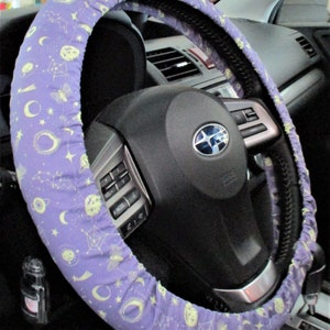 Mystical Halloween steering wheel cover Full grip fabric inside Coffins /moons / spider webs / eyeballs and skulls on purple image 2