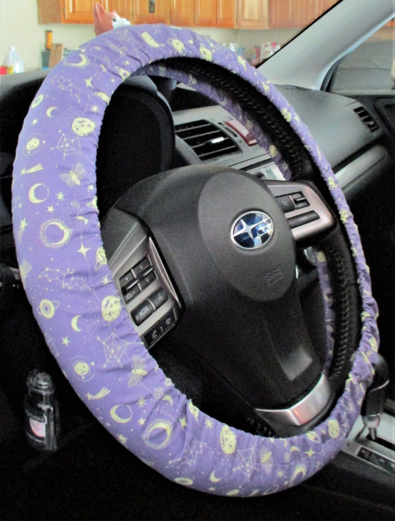 Mystical Halloween steering wheel cover Full grip fabric inside Coffins /moons / spider webs / eyeballs and skulls on purple image 2