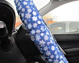 Snowflake steering wheel cover - Full grip fabric inside - Metallic silver snowflakes on royal blue fabric - Handmade