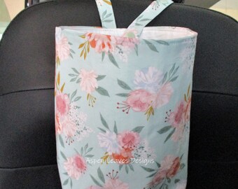 Mint floral trash bag  -Snap closed -  Pink and white flowers on mint green fabric