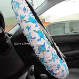 Opal sea turtle steering wheel cover Full grip fabric inside Blue and green turtles on cream Handmade image 1