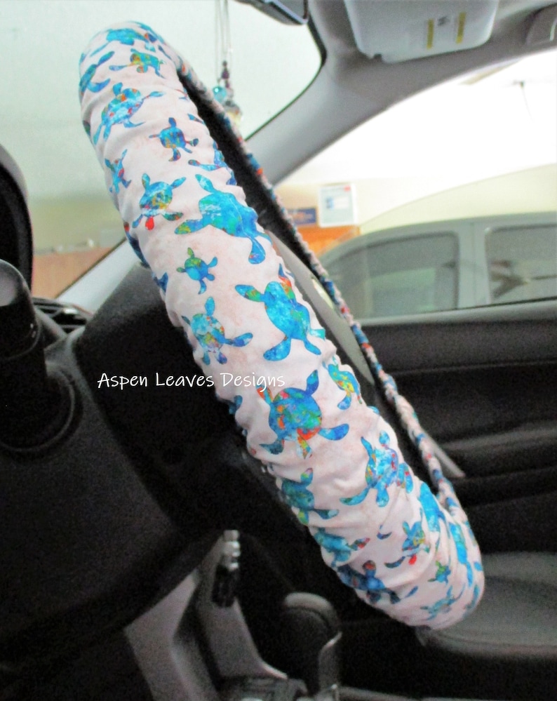 Opal sea turtle steering wheel cover Full grip fabric inside Blue and green turtles on cream Handmade image 1