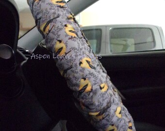 Finch steering wheel cover -  Full grip fabric inside - Yellow finches on medium gray fabric - Handmade