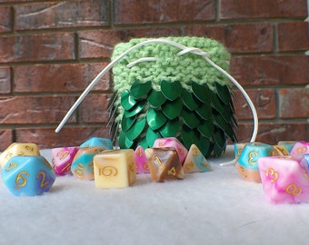 Green dice bag - Medium Size  - Green yarn and green scales  -Scale mail