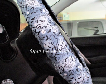 Spooky night steering wheel cover -  Full grip fabric inside - Tiny bats at night with trees - Gray and black - Spooky all year Halloween