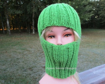Bright green balaclava Ski mask Acrylic yarn Hand knit Ready to  ship Handmade