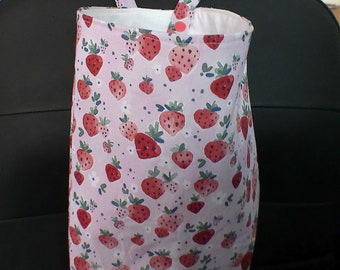 Strawberry trash bag - Snap closure -  Red fruit on pink fabric- with light dark leaves - 10x8x5 Handmade