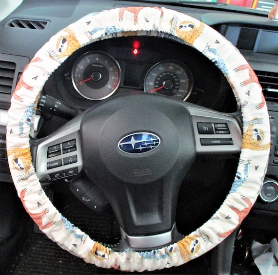 Sloth Steering Wheel Cover Full Grip Fabric Gray and Brown and Blue Sloths on Beige Fabric Etsy