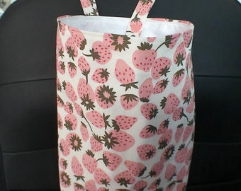Strawberry trash bag - Snap closure-  Pink berries on white  fabric - 10x8x5 Handmade