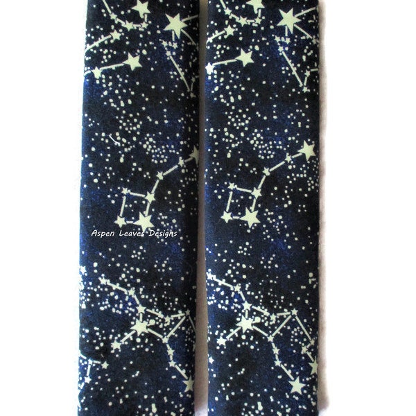 Stargazers seat belt covers White stars and constellations on navy blue fabric White glows in the dark Handmade