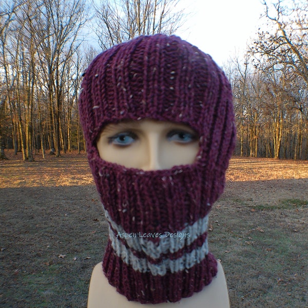 Maroon striped balaclava Burgundy with gray stripes Peruvian Highland Wool and Donegal Tweed Ready to  ship Handmade