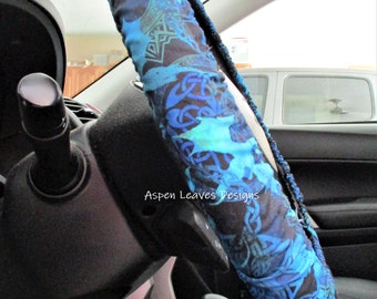 Dragon steering wheel cover - Full grip fabric inside -  Dragon silhouettes on deep blue -Handmade