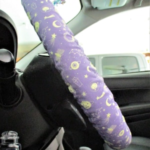 Mystical Halloween steering wheel cover Full grip fabric inside Coffins /moons / spider webs / eyeballs and skulls on purple image 1