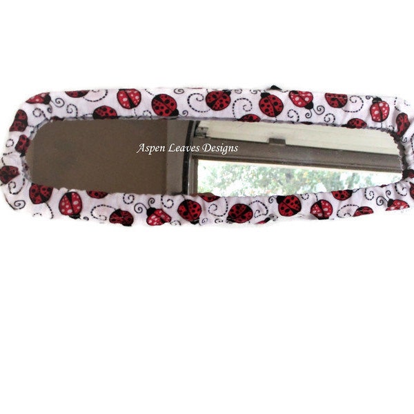 Ladybug rear view mirror cover - Small red ladybugs on white fabric - Panoramic sizes available