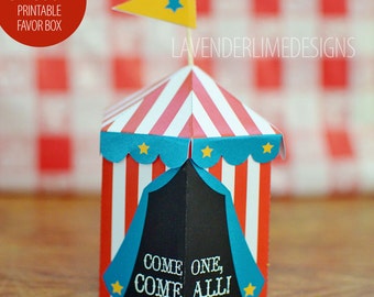 Printable DIY Circus Carnival 2 Favor Box with Cupcake Flags, Red, White, Blue, Yellow Instant Download