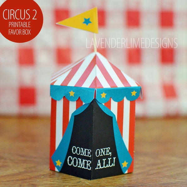 Printable DIY Circus Carnival 2 Favor Box with Cupcake Flags, Red, White, Blue, Yellow Instant Download