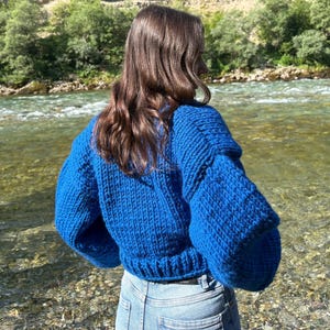 Chunky wool blend cardigan, Crop Cardigan, Blue Cardigan, Hand Knit Chunky Cardigan, Valentine’s day gift, Girlfriend gift