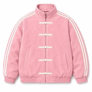 May include: A light pink jacket featuring a high collar, long sleeves with two white stripes running down each arm, and a front closure with five white toggle-style fasteners. The jacket includes a ribbed hem and cuffs with two side pockets.