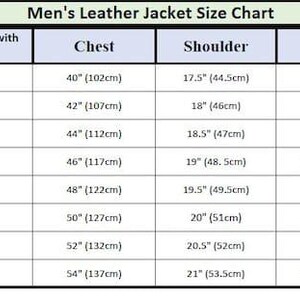 May include: A leather jacket size chart table with columns for size, chest size, shoulder, sleeve, and length. The table lists sizes from XS to 4XL with corresponding measurements in inches and centimetres for each category of the jacket fit.