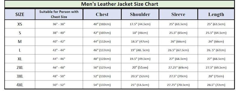 May include: A leather jacket size chart table with columns for size, chest size, shoulder, sleeve, and length. The table lists sizes from XS to 4XL with corresponding measurements in inches and centimetres for each category of the jacket fit.