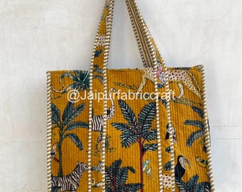 Bolso tote de terciopelo acolchado estilo safari / Bolso de hombro con estampado de selva mostaza, estilo botánico para el día a día.