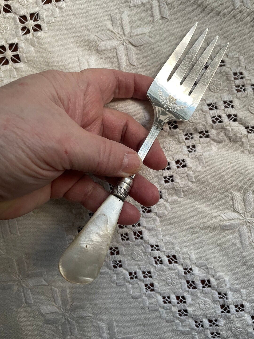 Vintage Silver Meat Fork With Mother of Pearl Handle, 7 3/4 , MOP