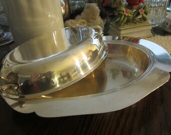 Vintage silver on copper oval covered vegetable or casserole dish