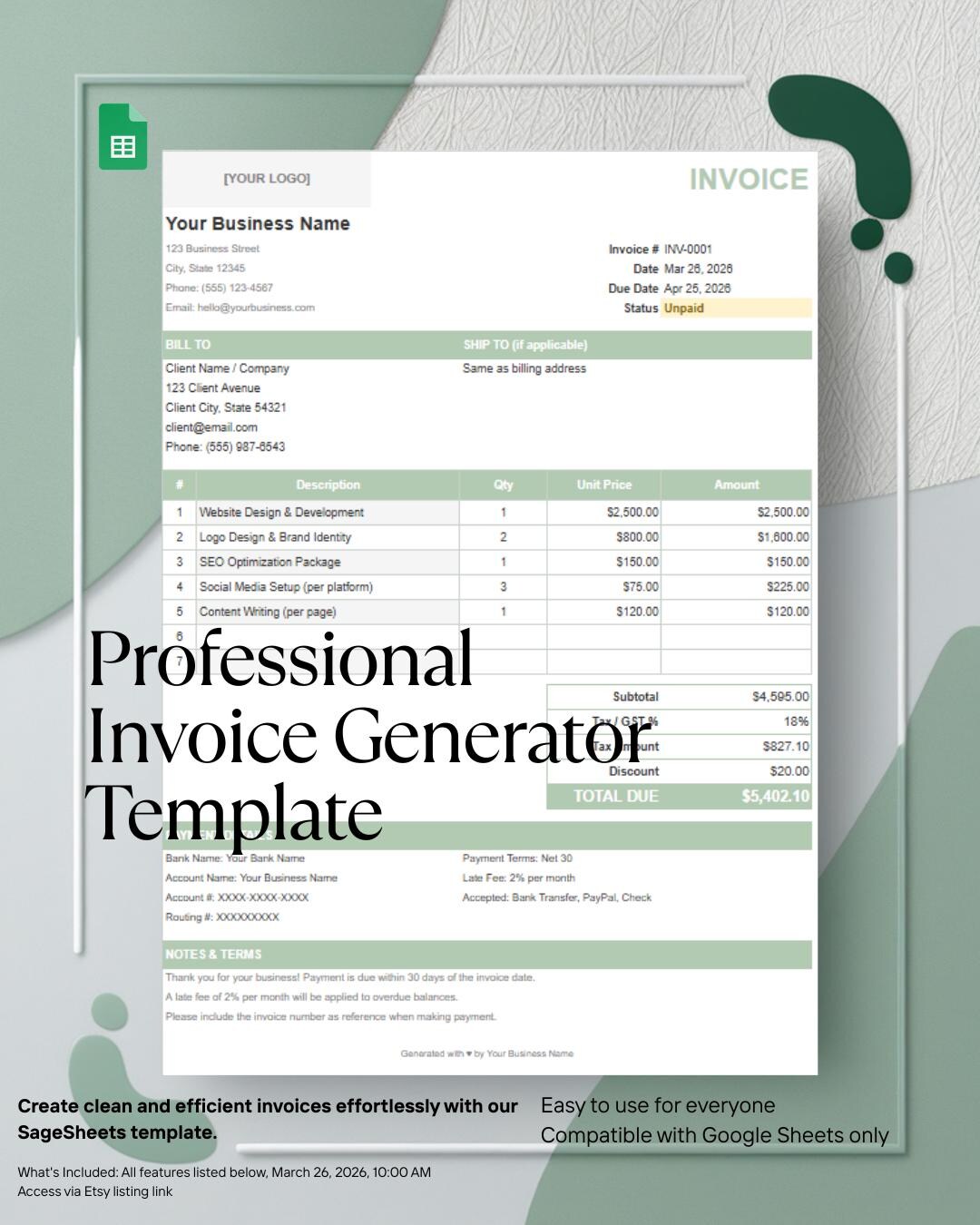 Google Sheets Invoice Generator Template | Small Business Freelancer ...