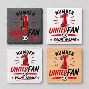 Personalised Number 1 United Fan Coaster – Choice of Ceramic, Faux Leather, Slate or Wood - Coffee / Tea Lover Drinks Mat